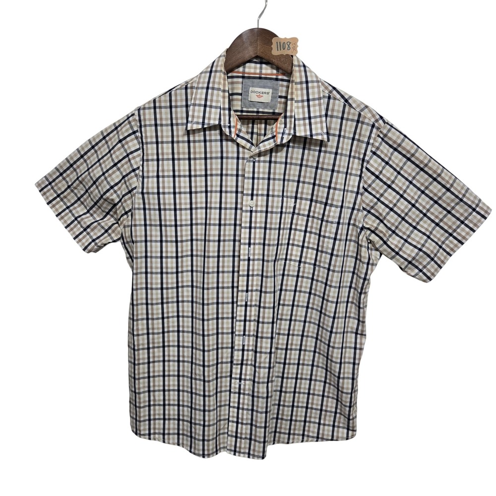 Dockers Mens Large Short Sleeve Plaid Button Down Shirt Navy Tan White RN15610